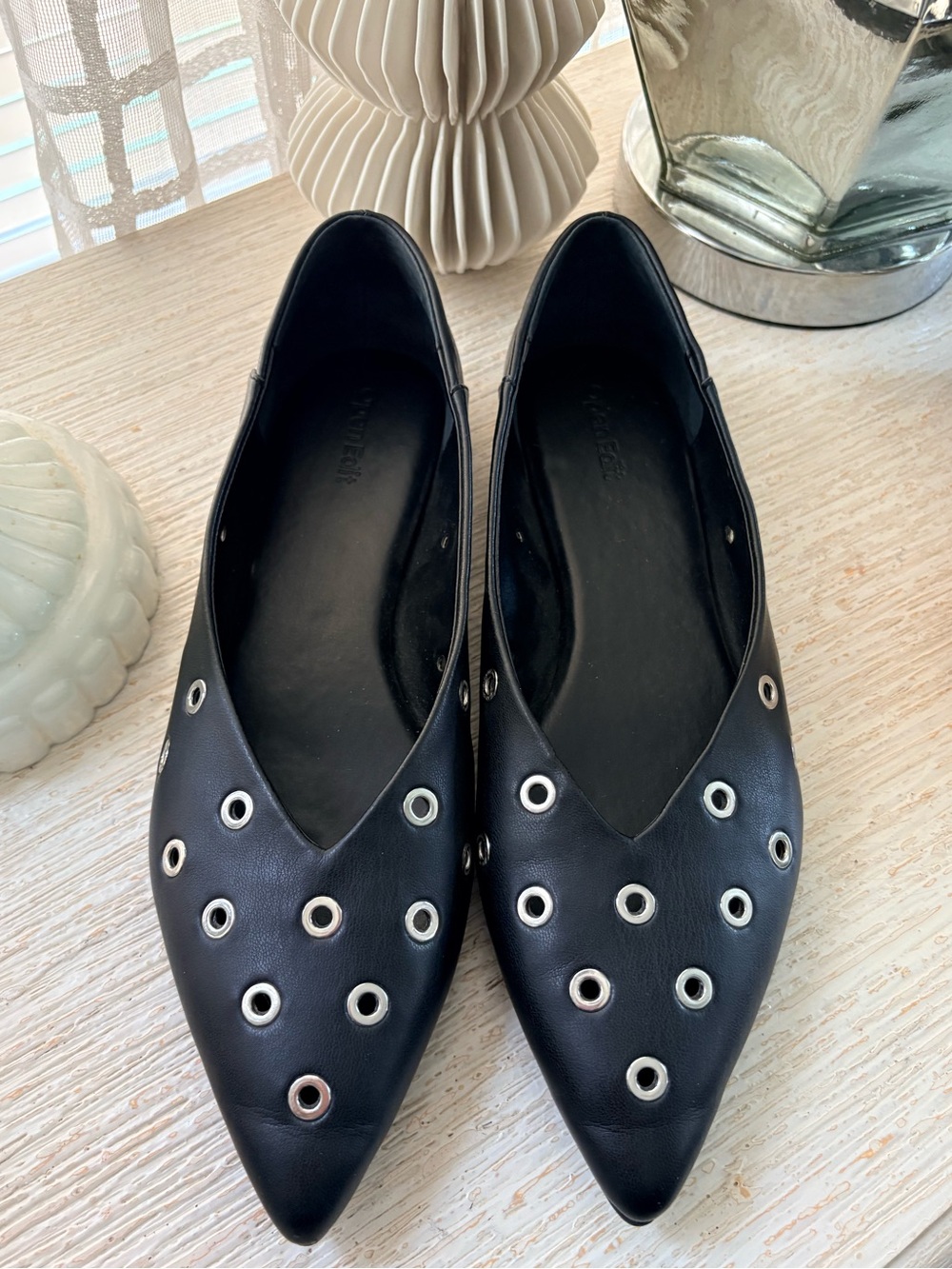 Open Edit Black Silver Grommets Faux Leather Pointed Toe Flats Size 9M